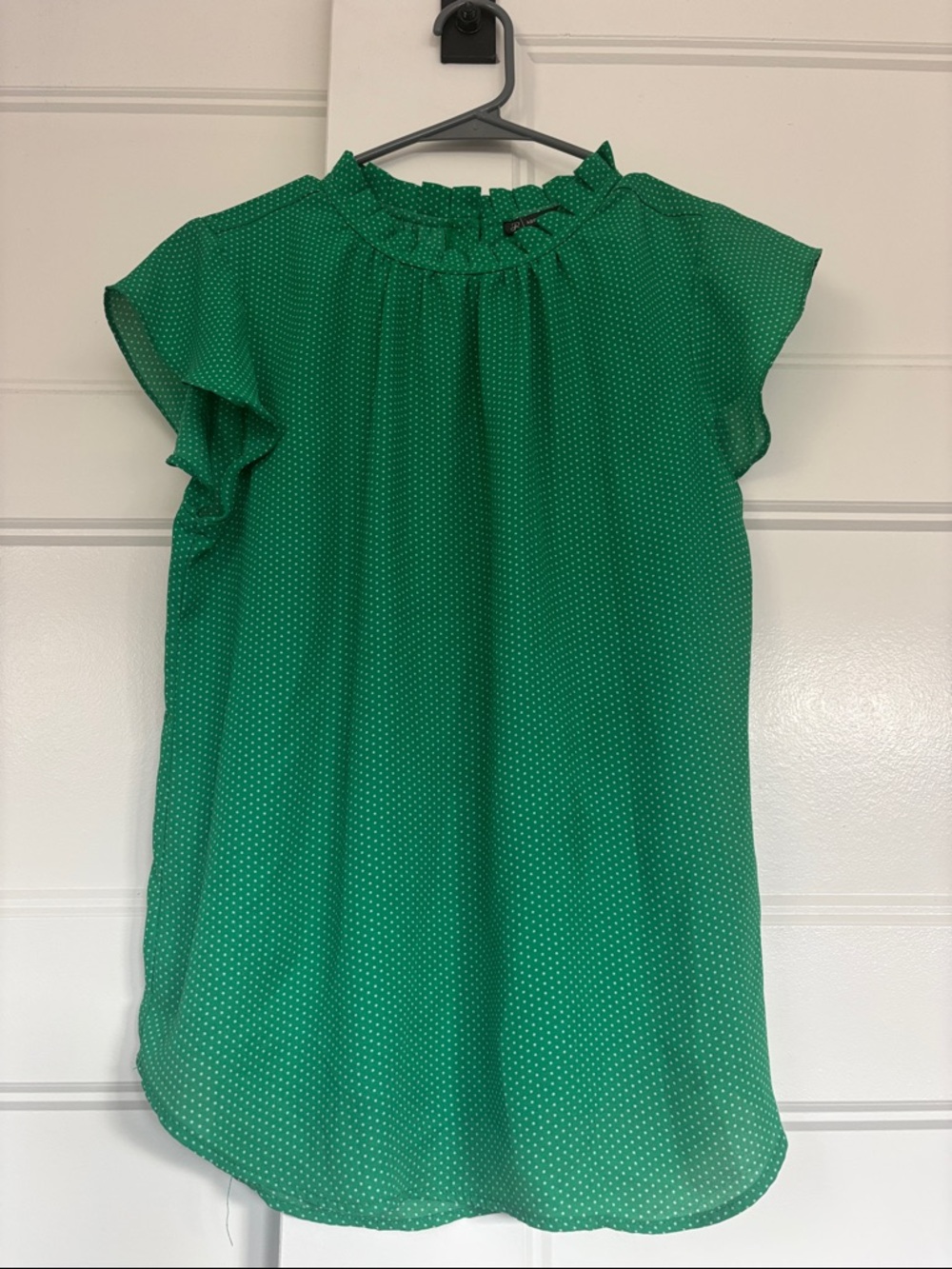 Adrianna Papell Green Polka Dot Ruffle Neck Top